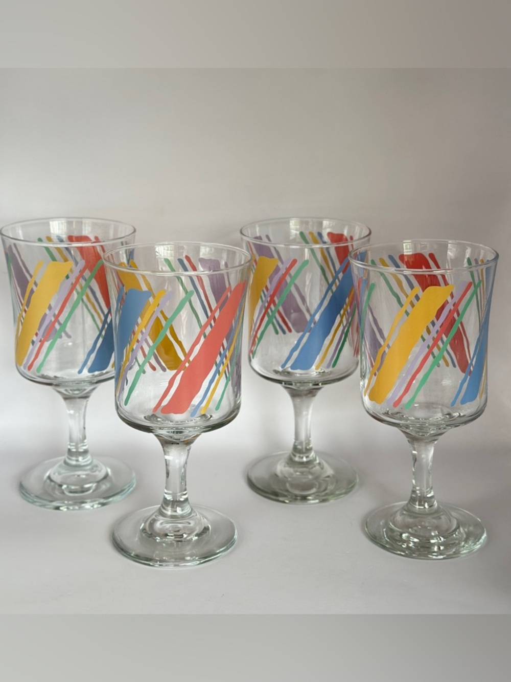 Set of 4 Vintage Libbey Pastel Rainbow Stripe Retro Water Glasses / Wine Goblets